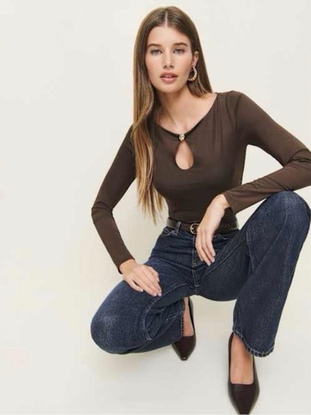 RIHOAS Brown Top with Gold Floral Keyhole Accent